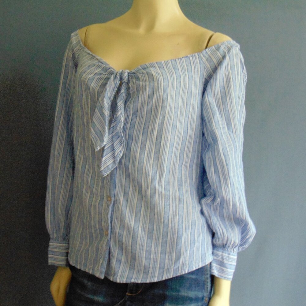 Free People Blue Striped Hello There Linen Tie Front Off Shoulder Top L - Picture 3 of 10